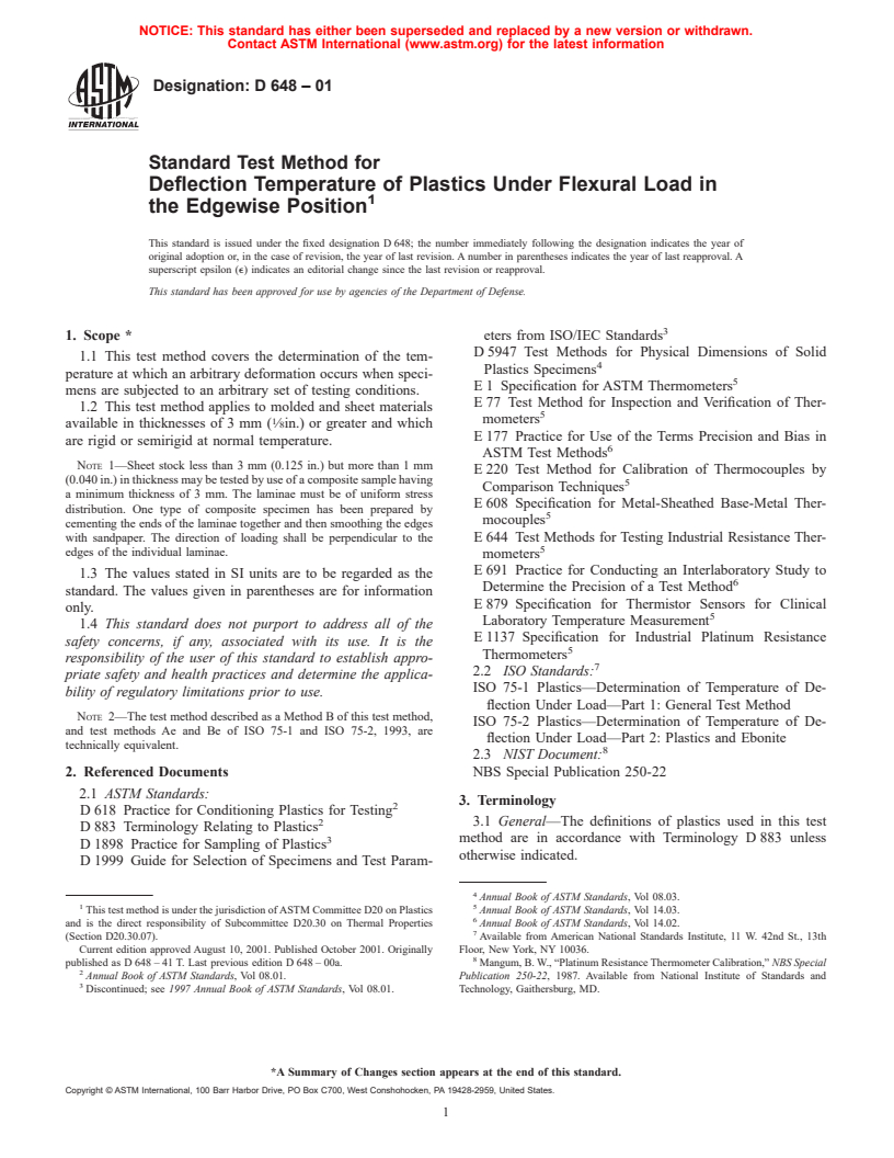 ASTM D648-01 - Standard Test Method for Deflection Temperature of Plastics Under Flexural Load in the Edgewise Position