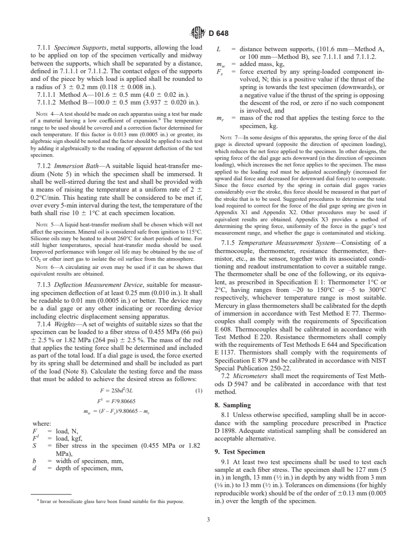 ASTM D648-01 - Standard Test Method for Deflection Temperature of Plastics Under Flexural Load in the Edgewise Position