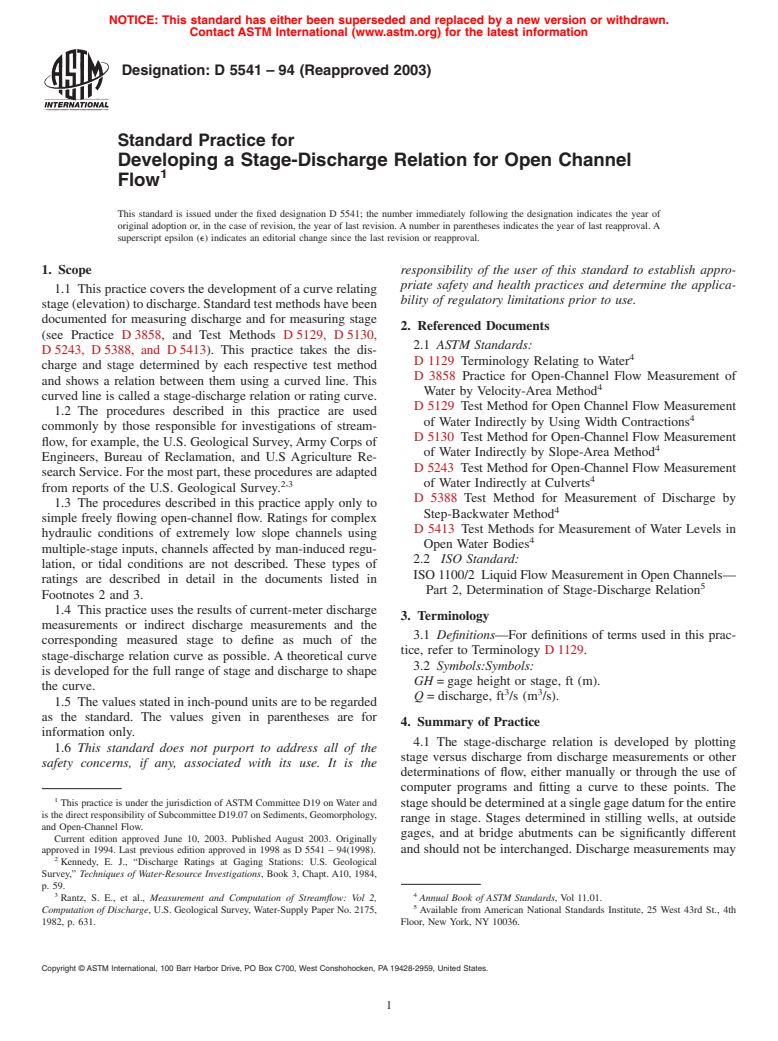 ASTM D5541-94(2003) - Standard Practice for Developing a Stage-Discharge Relation for Open Channel Flow