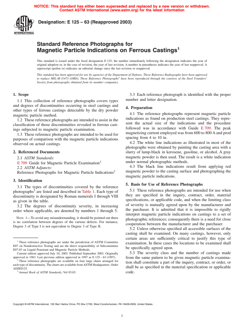 ASTM E125-63(2003) - Standard Reference Photographs for Magnetic Particle Indications on Ferrous Castings