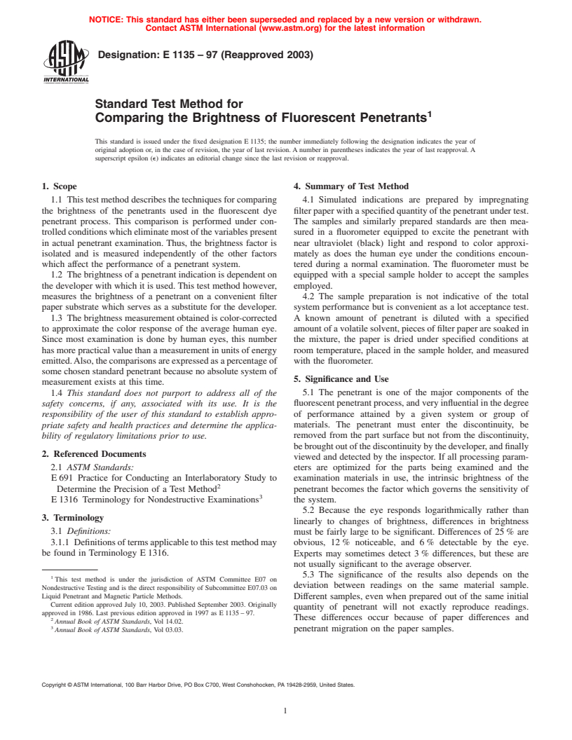 ASTM E1135-97(2003) - Standard Test Method for Comparing the Brightness of Fluorescent Penetrants