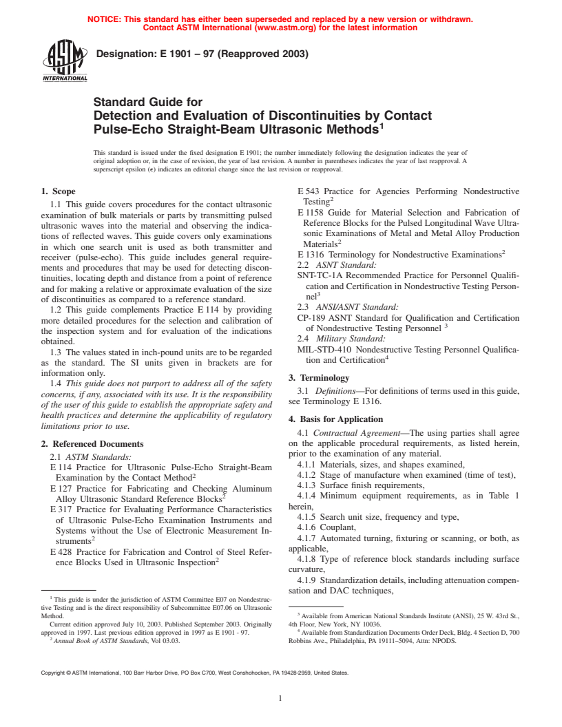 ASTM E1901-97(2003) - Standard Guide for Detection and Evaluation of Discontinuities by Contact Pulse-Echo Straight-Beam Ultrasonic Methods