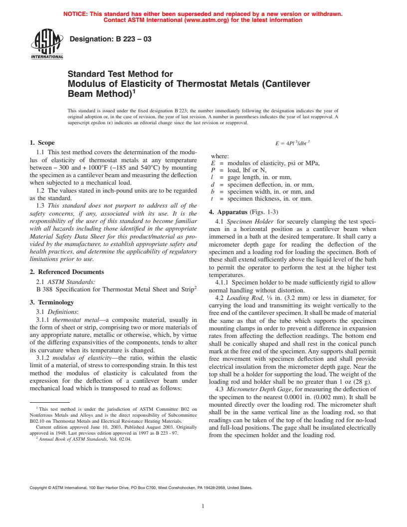 ASTM B223-03 - Standard Test Method for Modulus of Elasticity of Thermostat Metals (Cantilever Beam Method)