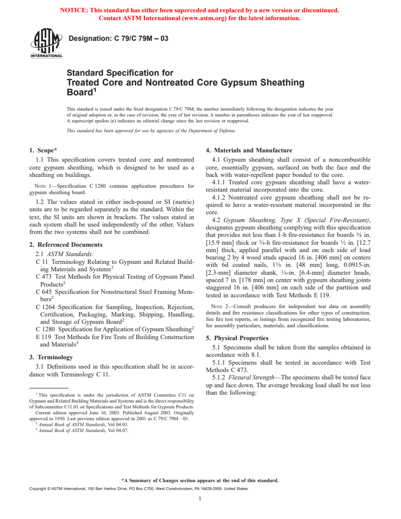 ASTM C79/C79M-03 - Standard Specification for Treated Core and Nontreated Core Gypsum Sheathing Board