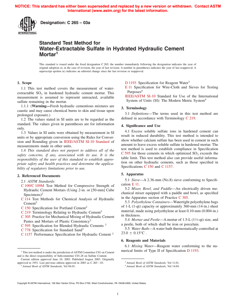 ASTM C265-03a - Standard Test Method for Water-Extractable Sulfate in Hydrated Hydraulic Cement Mortar