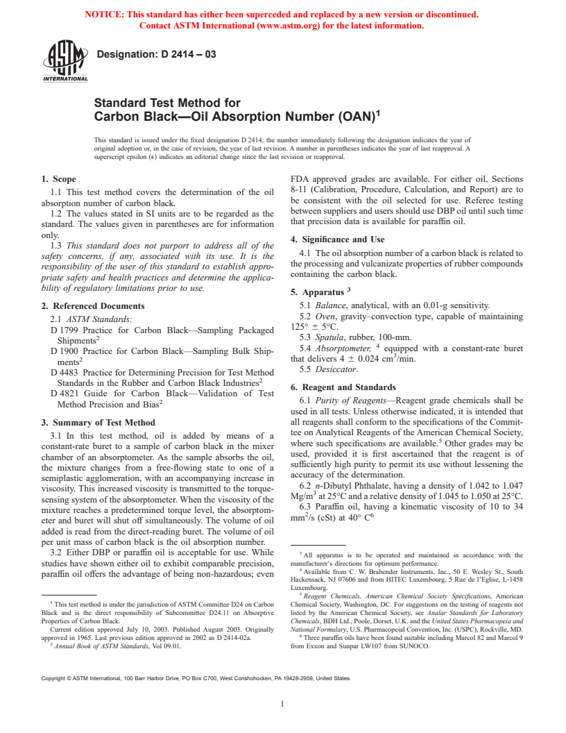 ASTM D2414-03 - Standard Test Method for Carbon Black&#8212;Oil Absorption Number (OAN)