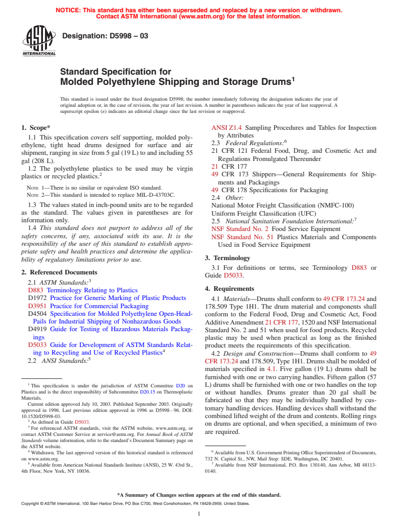 ASTM D5998-03 - Standard Specification for Molded Polyethylene Shipping and Storage Drums