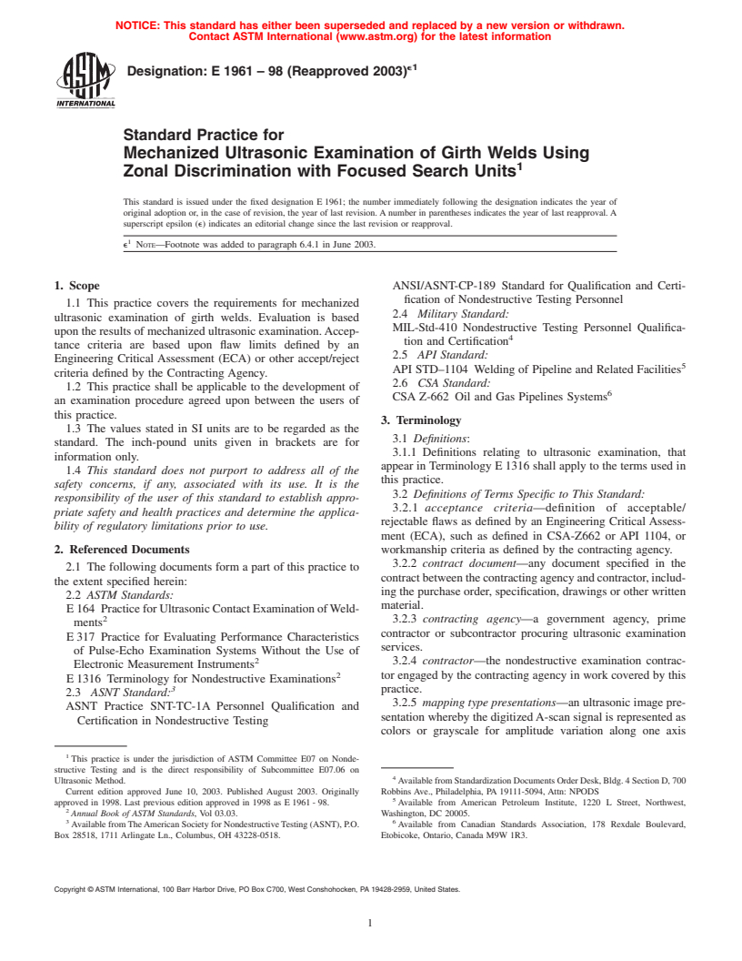 ASTM E1961-98(2003)e1 - Standard Practice for Mechanized Ultrasonic Examination of Girth Welds Using Zonal Discrimination with Focused Search Units