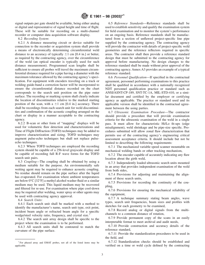 ASTM E1961-98(2003)e1 - Standard Practice for Mechanized Ultrasonic Examination of Girth Welds Using Zonal Discrimination with Focused Search Units