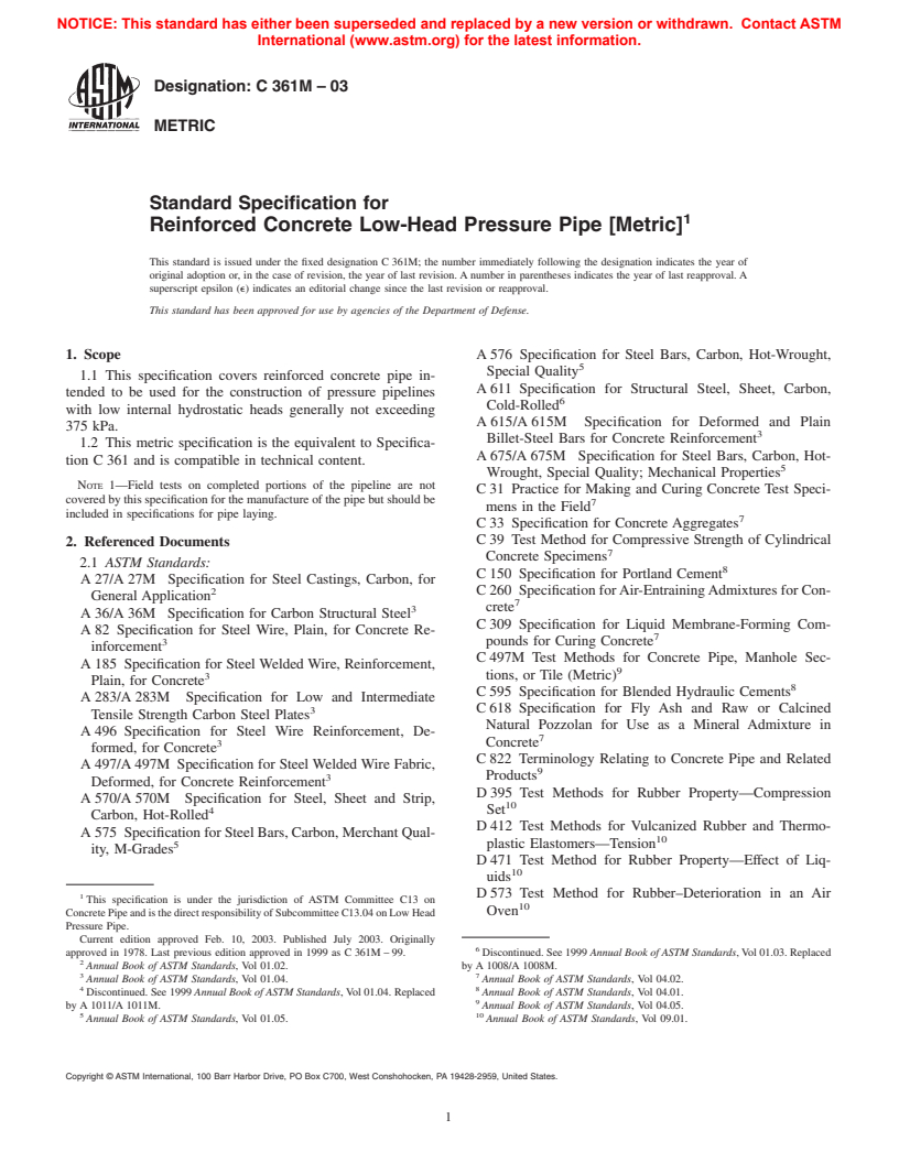 ASTM C361M-03 - Standard Specification for Reinforced Concrete Low-Head Pressure Pipe (Metric)