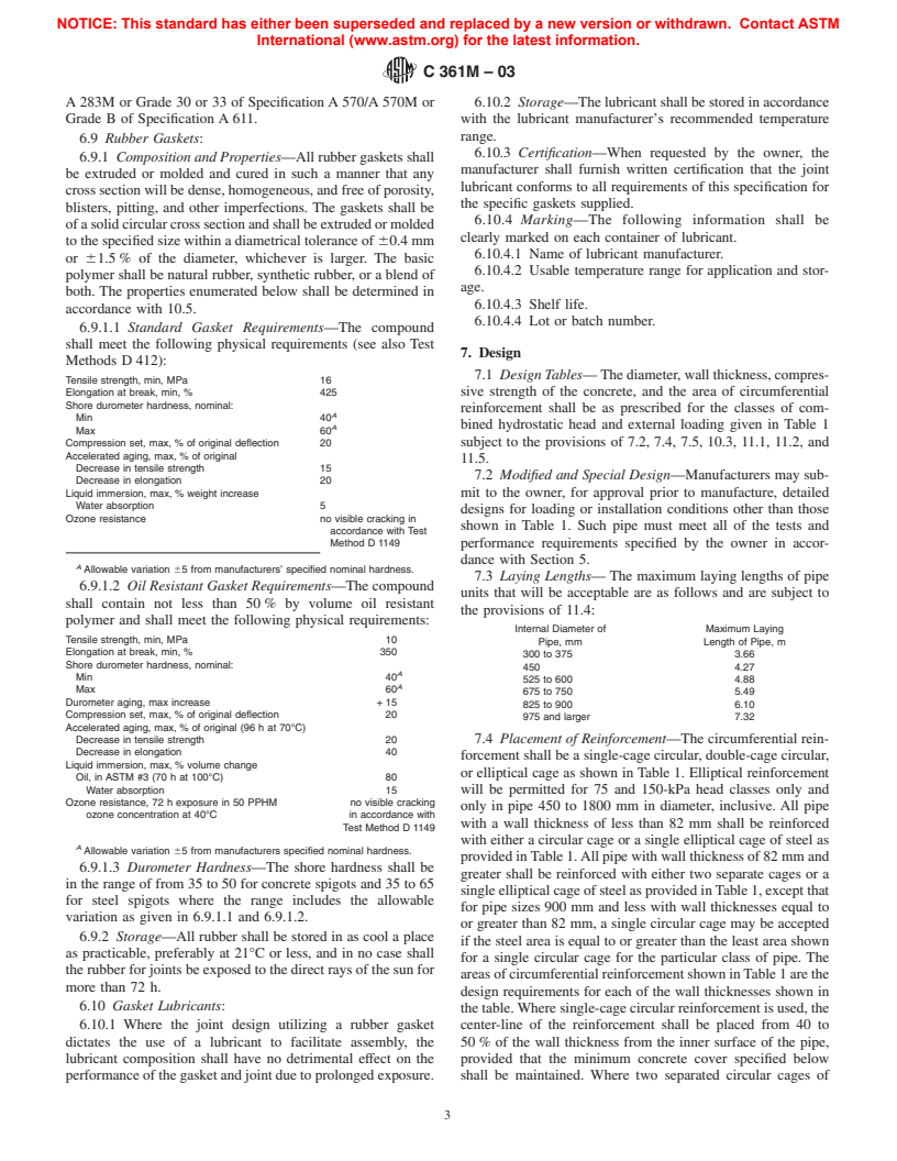 ASTM C361M-03 - Standard Specification for Reinforced Concrete Low-Head Pressure Pipe (Metric)