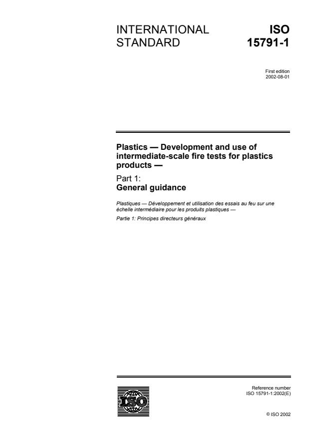 ISO 15791-1:2002 - Plastics -- Development and use of intermediate-scale fire tests for plastics products