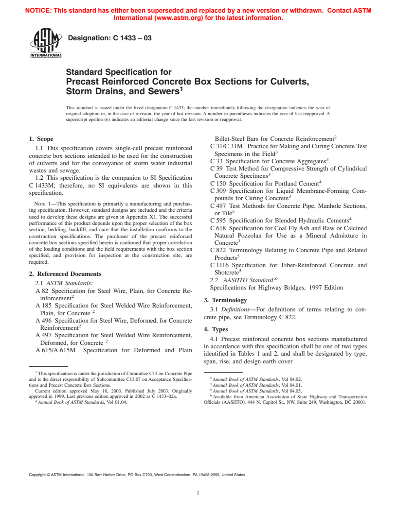 ASTM C1433-03 - Standard Specification for Precast Reinforced Concrete Box Sections for Culverts, Storm Drains, and Sewers