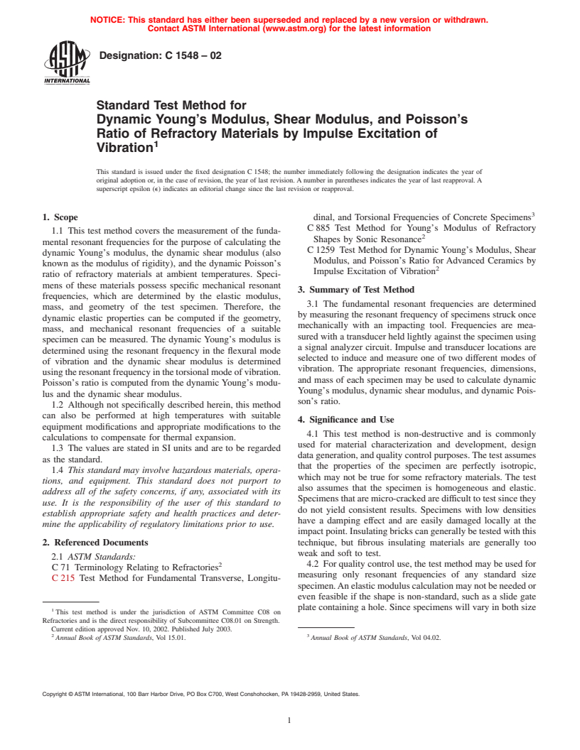 ASTM C1548-02 - Standard Test Method for Dynamic Young's Modulus, Shear Modulus, and Poisson's Ratio of Refractory Materials by Impulse Excitation of Vibration