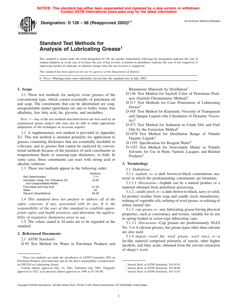 ASTM D128-98(2003)e1 - Standard Test Methods for Analysis of Lubricating Grease