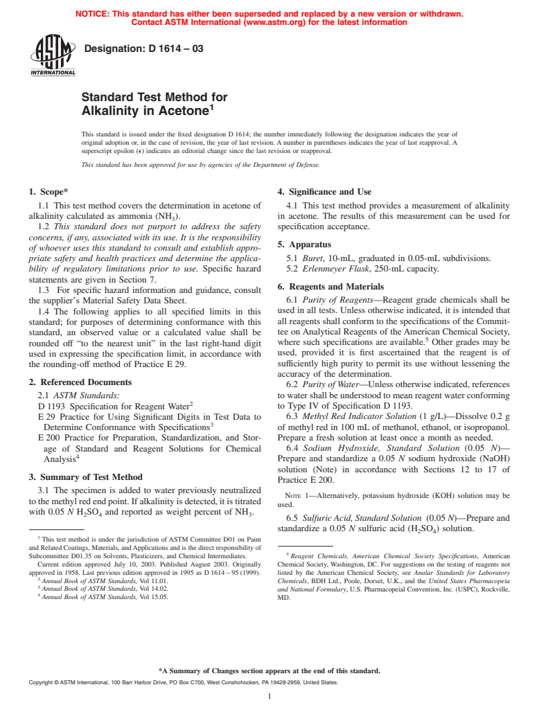 ASTM D1614-03 - Standard Test Method for Alkalinity in Acetone