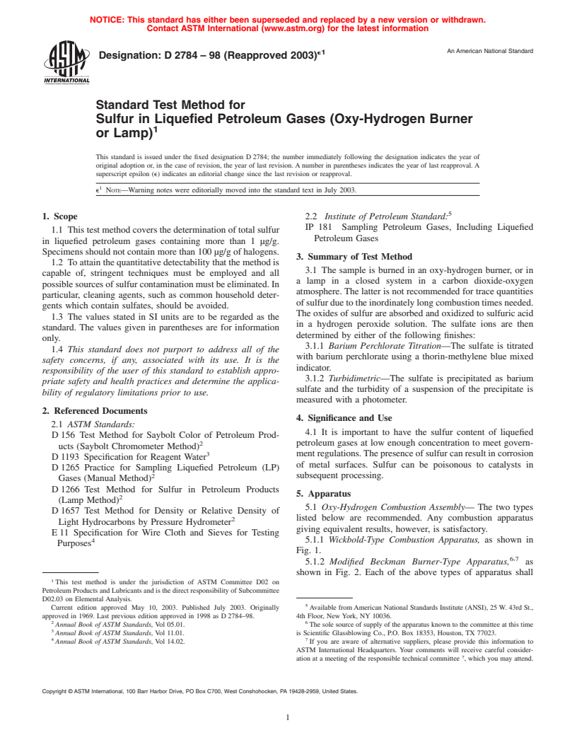 ASTM D2784-98(2003)e1 - Standard Test Method for Sulfur in Liquefied Petroleum Gases (Oxy-Hydrogen Burner or Lamp)