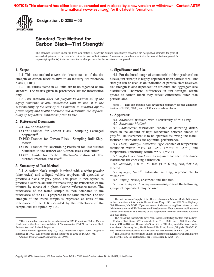 ASTM D3265-03 - Standard Test Method for Carbon Black&#8212;Tint Strength