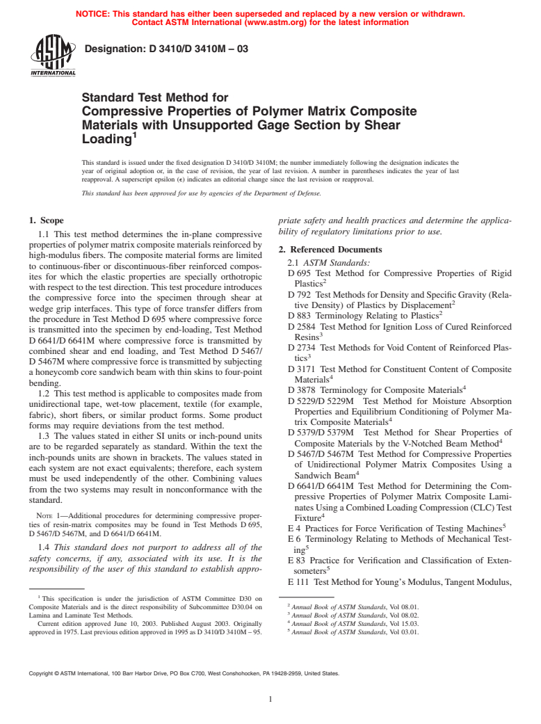 ASTM D3410/D3410M-03 - Standard Test Method for Compressive Properties of Polymer Matrix Composite Materials with Unsupported Gage Section by Shear Loading