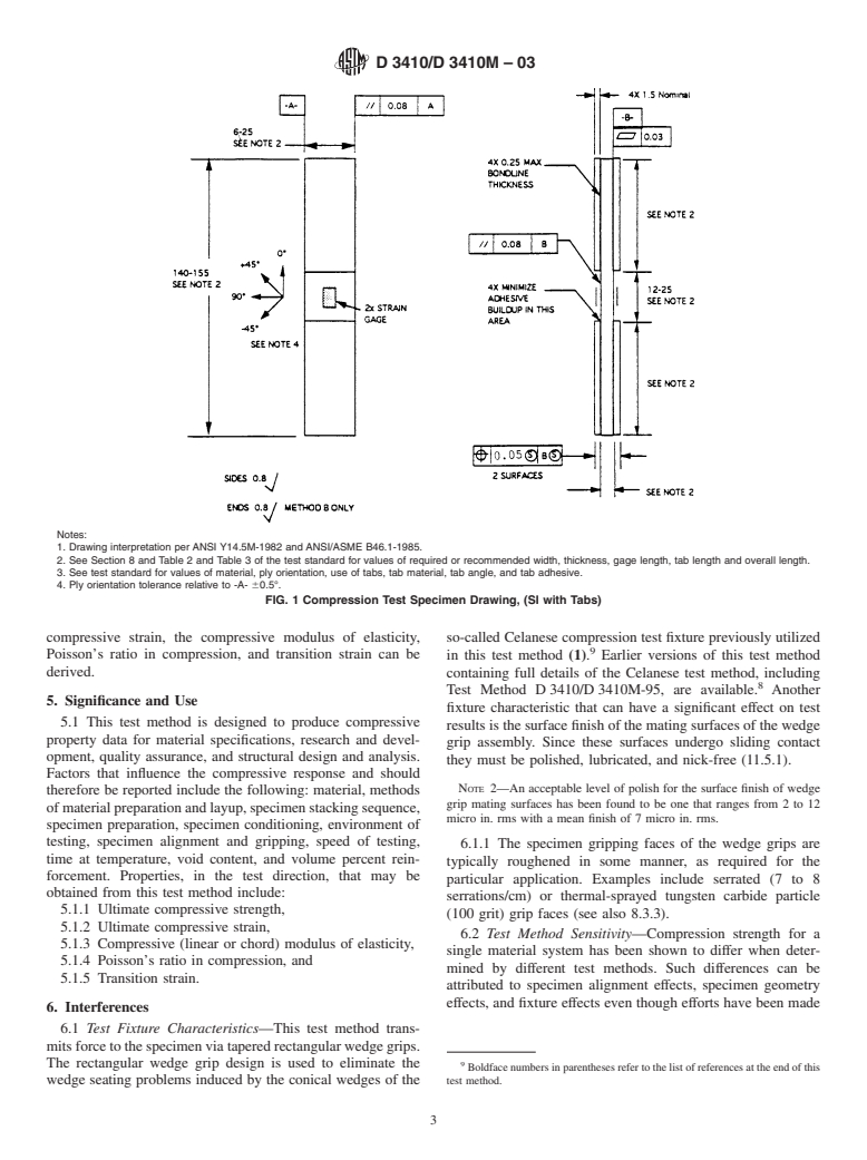 ASTM D3410/D3410M-03 - Standard Test Method for Compressive Properties of Polymer Matrix Composite Materials with Unsupported Gage Section by Shear Loading