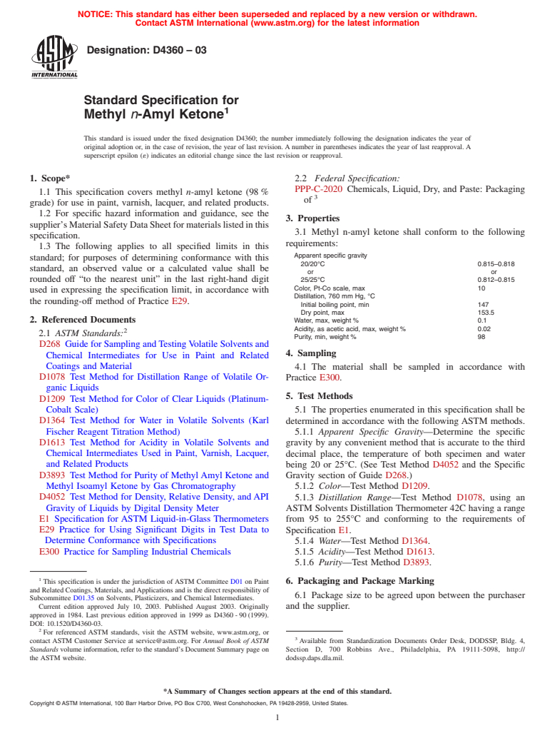 ASTM D4360-03 - Standard Specification for Methyl <i>n</i>-Amyl Ketone