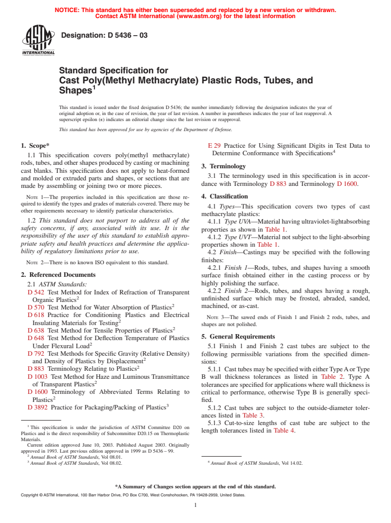 ASTM D5436-03 - Standard Specification for Cast Poly(Methyl Methacrylate) Plastic Rods, Tubes, and Shapes