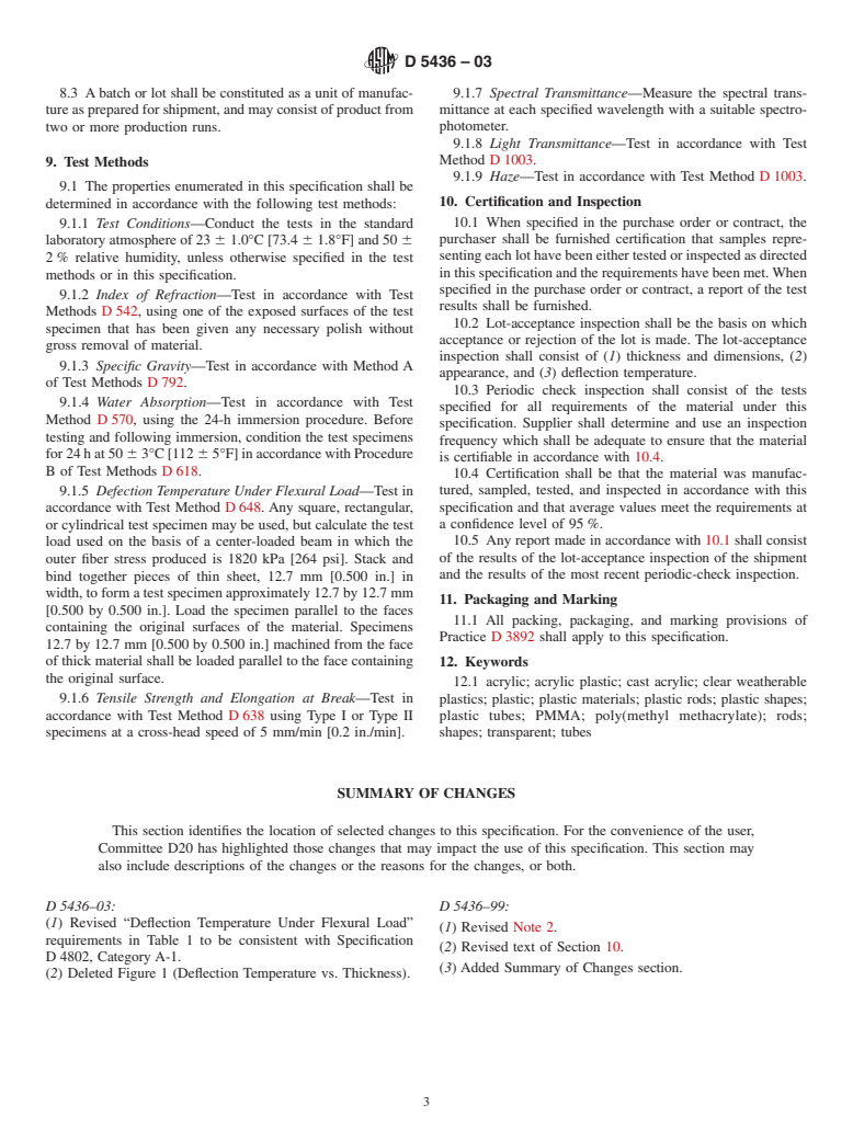 ASTM D5436-03 - Standard Specification for Cast Poly(Methyl Methacrylate) Plastic Rods, Tubes, and Shapes