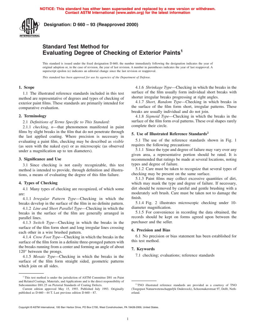 ASTM D660-93(2000) - Standard Test Method for Evaluating Degree of Checking of Exterior Paints