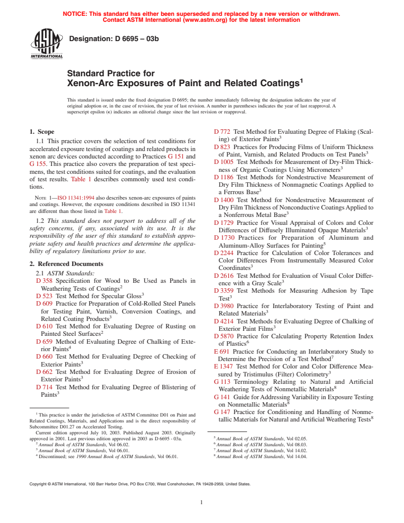 ASTM D6695-03b - Standard Practice for Xenon-Arc Exposures of Paint and Related Coatings