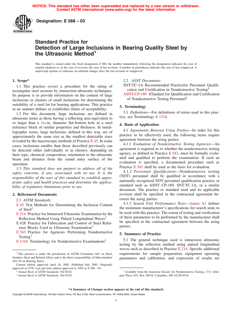 ASTM E588-03 - Standard Practice for Detection of Large Inclusions in Bearing Quality Steel by the Ultrasonic Method