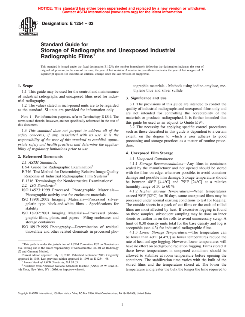 ASTM E1254-03 - Standard Guide for Storage of Radiographs and Unexposed Industrial Radiographic Films