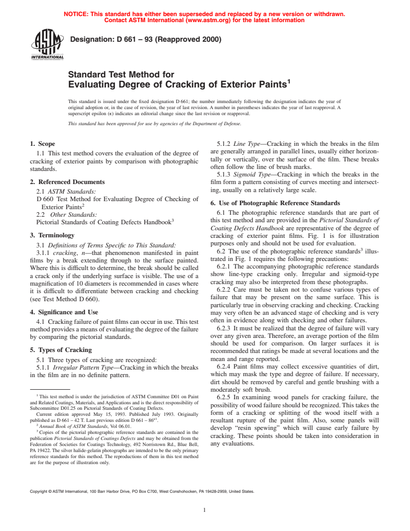 ASTM D661-93(2000) - Standard Test Method for Evaluating Degree of Cracking of Exterior Paints