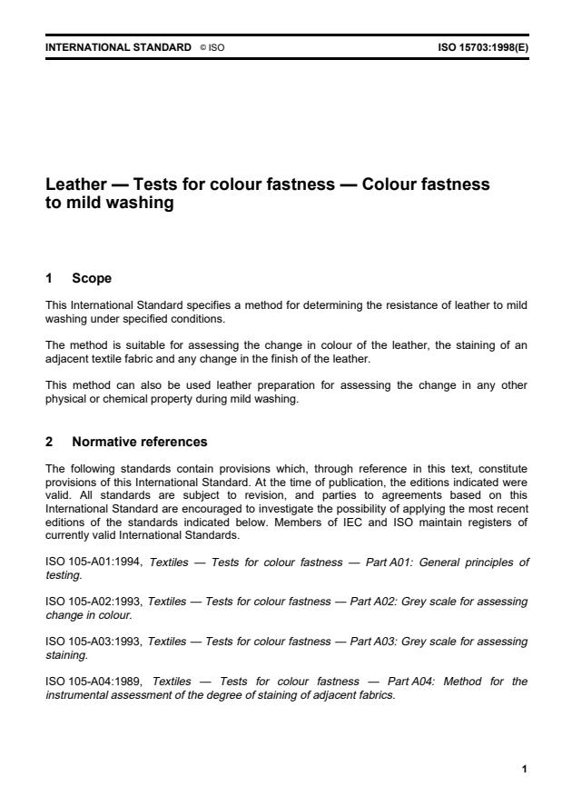 ISO 15703:1998 - Leather -- Tests for colour fastness -- Colour fastness to mild washing