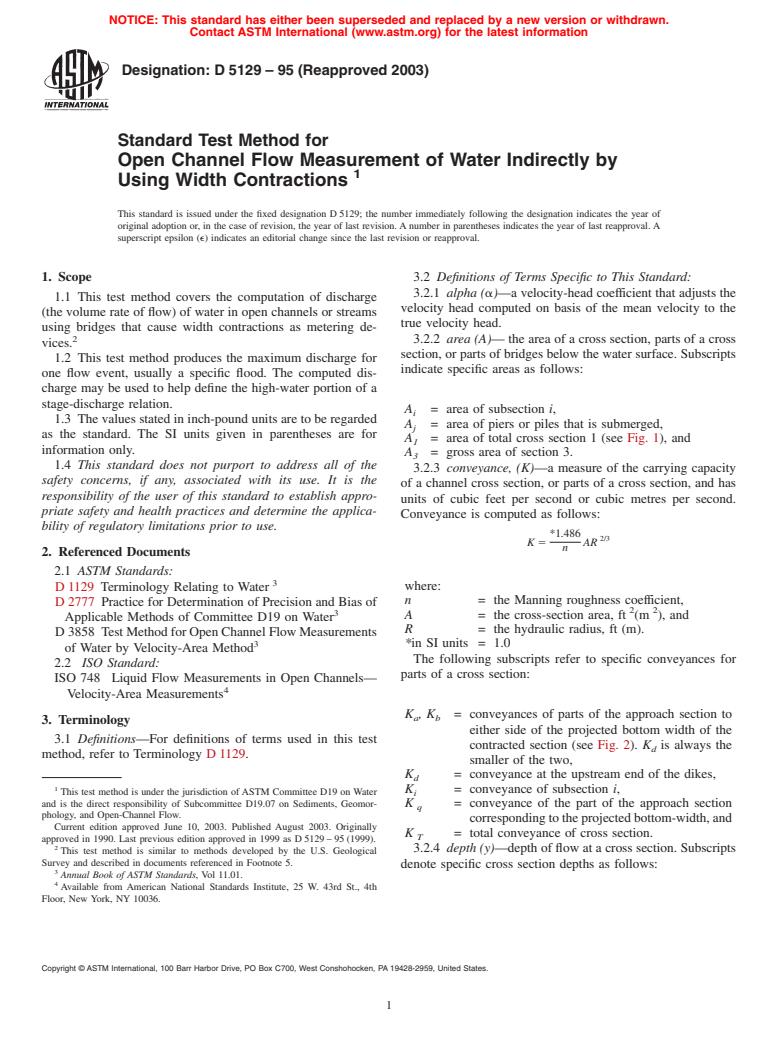 ASTM D5129-95(2003) - Standard Test Method for Open Channel Flow Measurement of Water Indirectly by Using Width Contractions