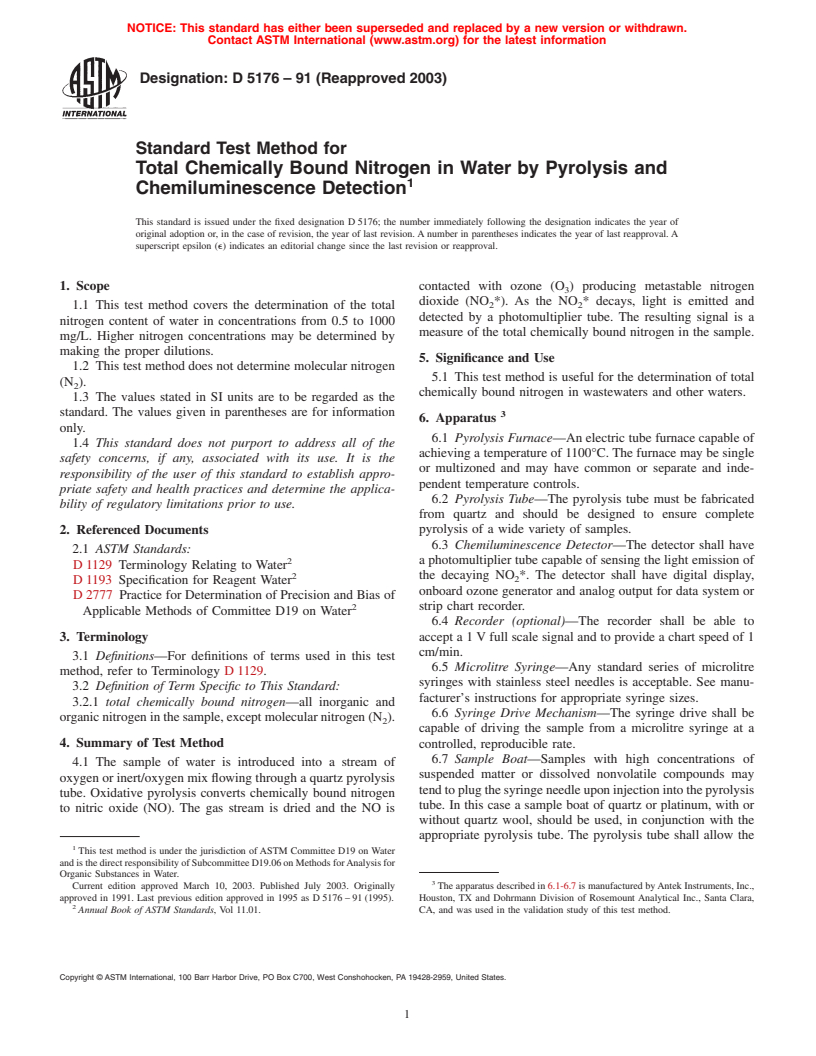 ASTM D5176-91(2003) - Standard Test Method for Total Chemically Bound Nitrogen in Water by Pyrolysis and Chemiluminescence Detection