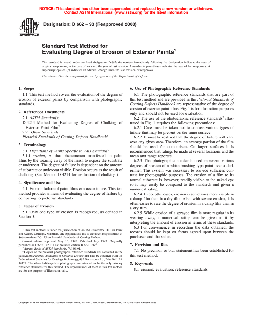 ASTM D662-93(2000) - Standard Test Method for Evaluating Degree of Erosion of Exterior Paints