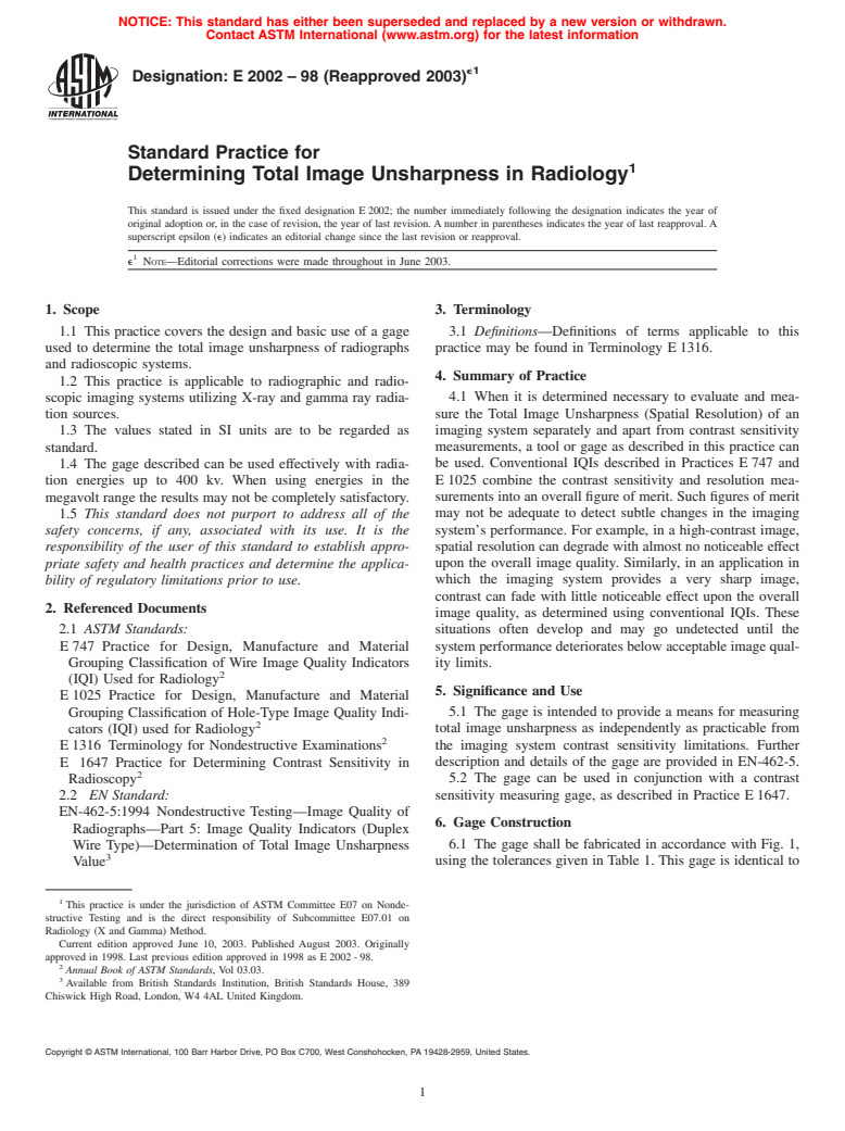 ASTM E2002-98(2003)e1 - Standard Practice for Determining Total Image Unsharpness in Radiology