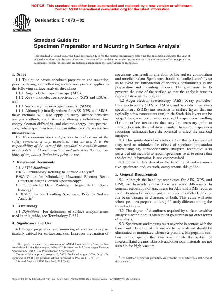 ASTM E1078-02 - Standard Guide for Specimen Preparation and Mounting in Surface Analysis