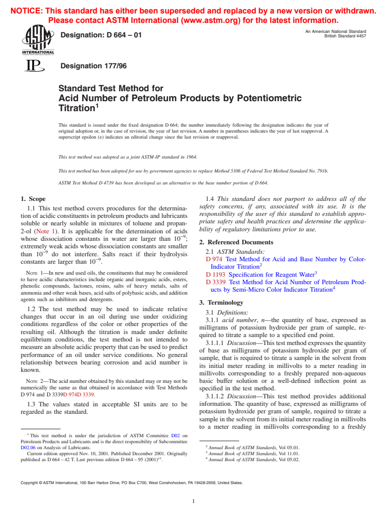 ASTM D664-01 - Standard Test Method for Acid Number of Petroleum Products by Potentiometric Titration