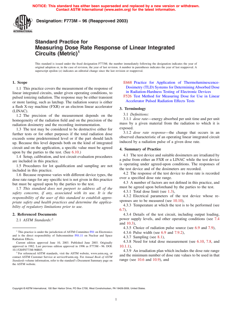 ASTM F773M-96(2003) - Practice for Measuring Dose Rate Response of Linear Integrated Circuits [Metric]