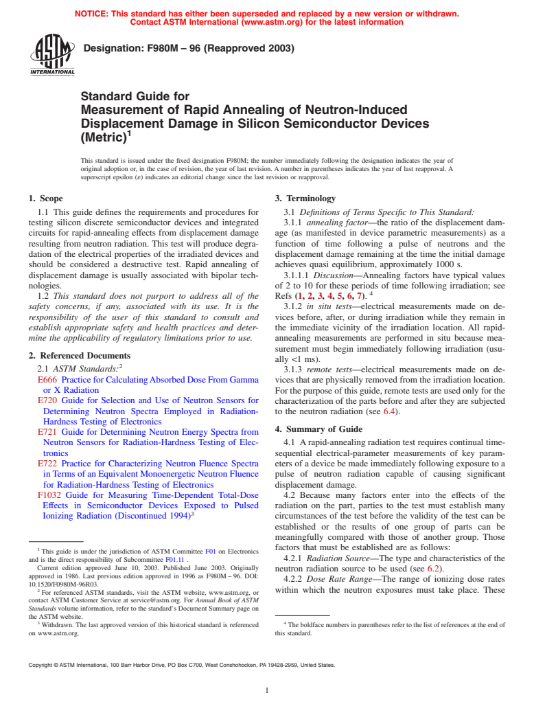 ASTM F980M-96(2003) - Standard Guide for Measurement of Rapid Annealing of Neutron-Induced Displacement Damage in Silicon Semiconductor Devices [Metric]