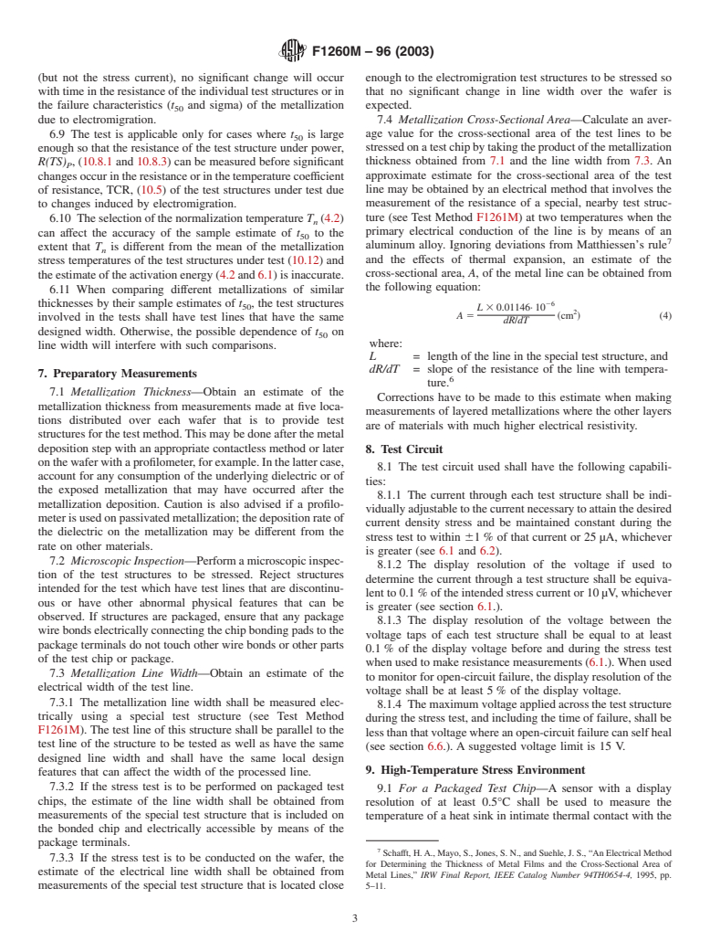 ASTM F1260M-96(2003) - Standard Test Method for Estimating Electromigration Median Time-to-Failure and Sigma of Integrated Circuit Metallizations [Metric] (Withdrawn 2009)