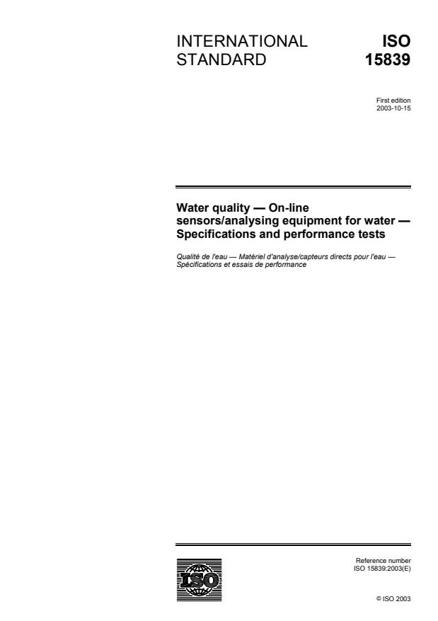 ISO 15839:2003 - Water quality -- On-line sensors/analysing equipment for water -- Specifications and performance tests