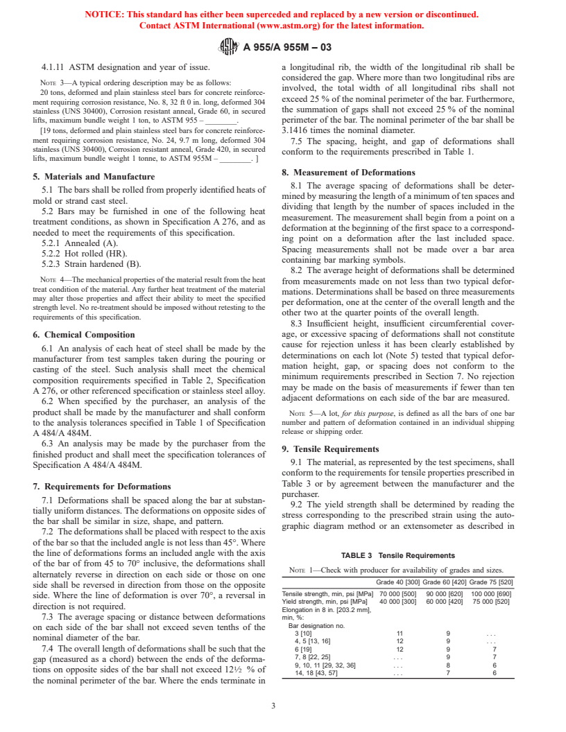 ASTM A955/A955M-03 - Standard Specification for Deformed and Plain Stainless Steel Bars for Concrete Reinforcement