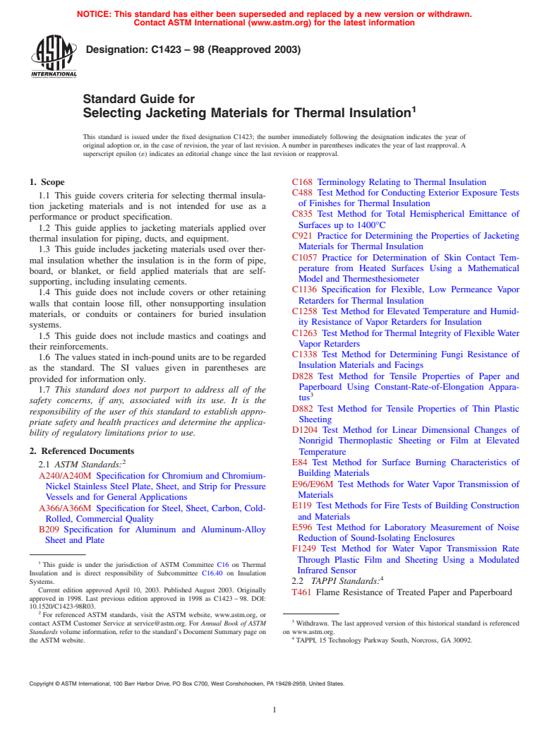 ASTM C1423-98(2003) - Standard Guide for Selecting Jacketing Materials for Thermal Insulation