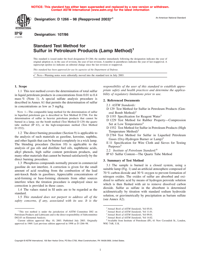 ASTM D1266-98(2003)e1 - Standard Test Method for Sulfur in Petroleum Products (Lamp Method)