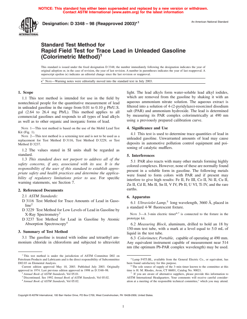 ASTM D3348-98(2003)e1 - Standard Test Method for Rapid Field Test for Trace Lead In Unleaded Gasoline (Colorimetric Method)