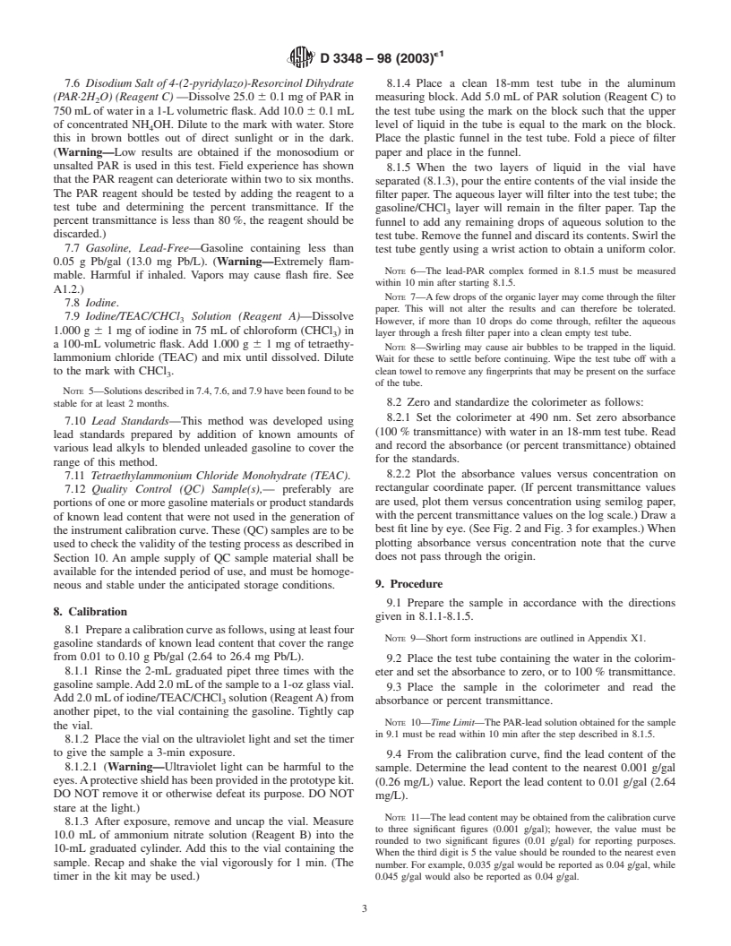 ASTM D3348-98(2003)e1 - Standard Test Method for Rapid Field Test for Trace Lead In Unleaded Gasoline (Colorimetric Method)