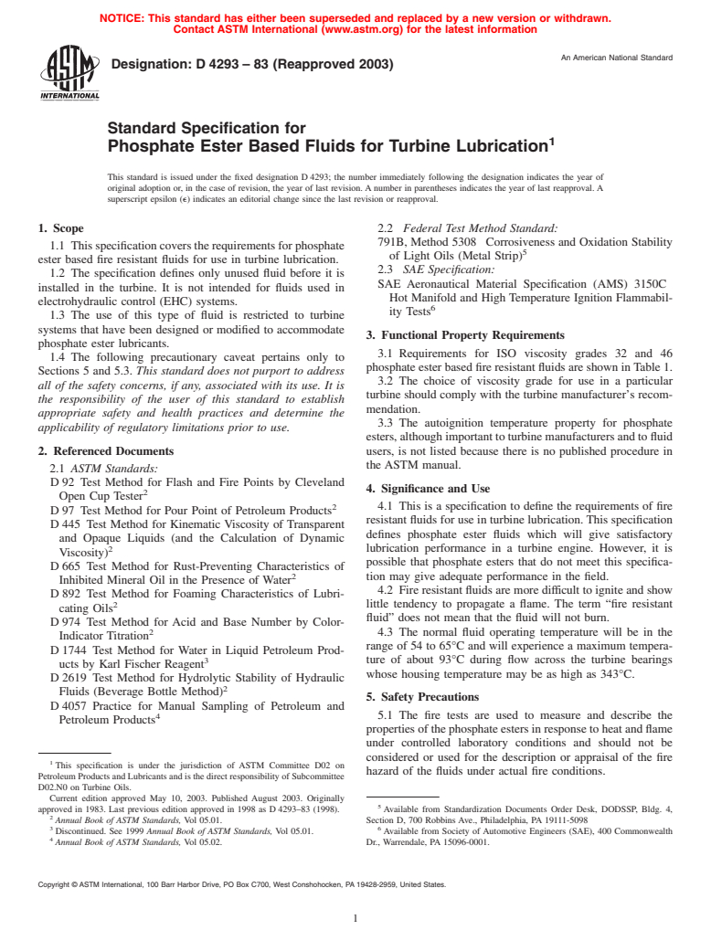 ASTM D4293-83(2003) - Standard Specification for Phosphate Ester Based Fluids for Turbine Lubrication