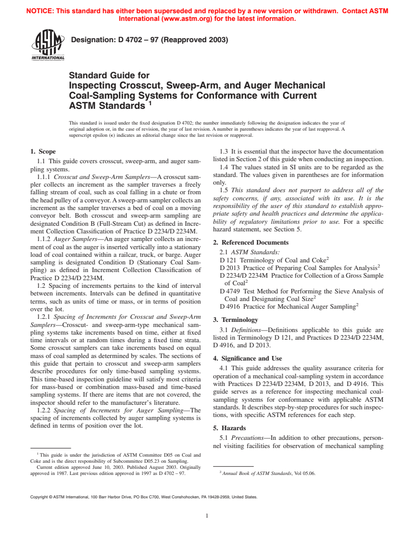 ASTM D4702-97(2003) - Standard Guide for Inspecting Crosscut, Sweep-Arm, and Auger Mechanical Coal-Sampling Systems for Conformance with Current ASTM Standards